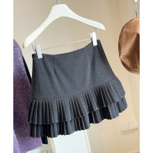 日系复古毛呢双层百褶半身裙女25秋冬新款高腰显瘦防走光a字短裙