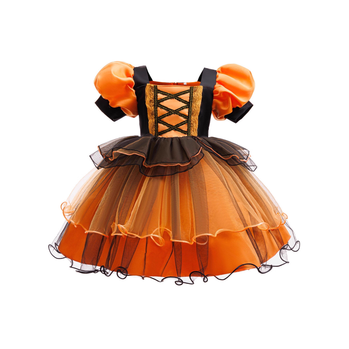 Nuevas vestidas de princesa de niñas transfronterizas vestidas de Halloween vestidas de brujas cosplay manga burbuja calabaza malla de tela