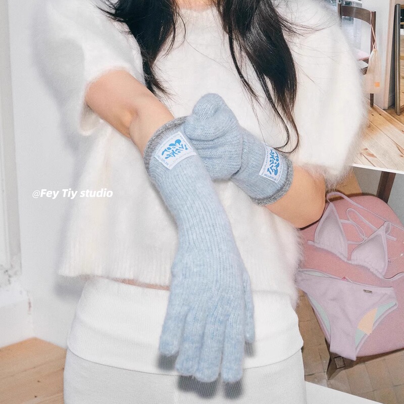 Korean Order Includes Wool Contrasting Color Extended Gloves for Autumn and Winter, Warm and Cute, Touch-Screen Versatile Fingered Knitted Gloves