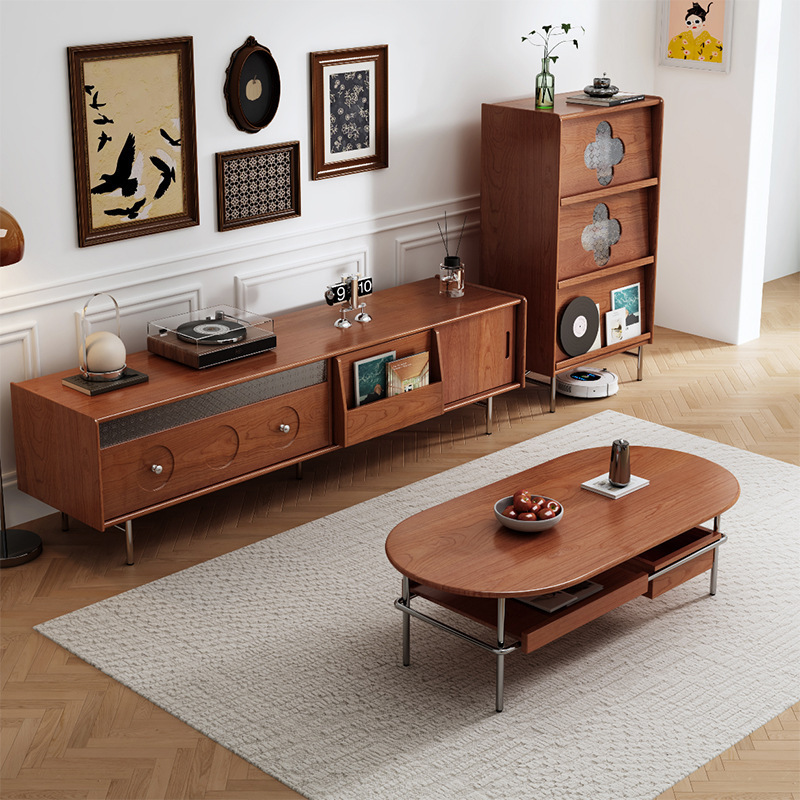 Medieval Style Cherry Wood Solid Wood Tv Cabinet 2024 New Living Room Home Small Apartment Floor-Standing French Retro Cabinet