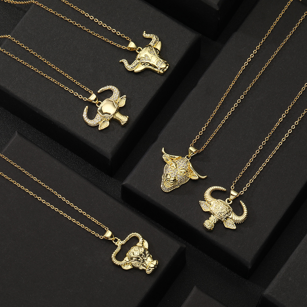 Hip-Hop Bull Head Copper Gold Plated Pendant Necklace