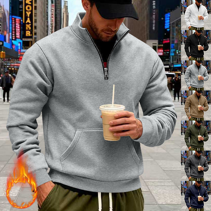 Amazon Cross-Border Autumn and Winter Fleece Heavyweight Men's Loose Retro Casual Stand Collar Half-Zip Commuter Pocket Sweatshirt