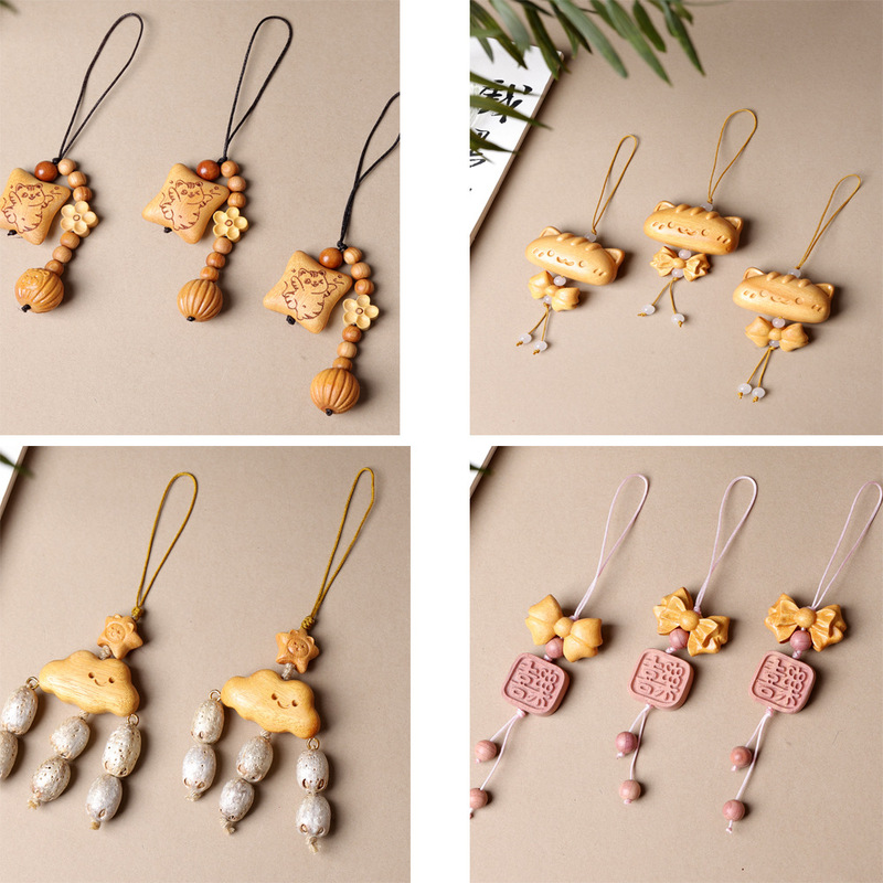 Gold Wood Carving Bow Kitten Pillow Pendant DIY Blood Cypress Joy Brand Bag Pendant Mobile Phone Chain Pendant