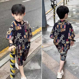 童装男童夏季时髦韩版2025新款休闲宽松花色男孩帅气套装两件套潮