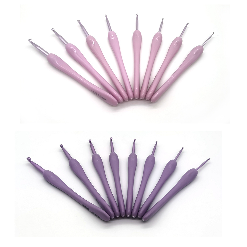 Herramientas de tejido agujas de suéter nuevo ABS púrpura mango de plástico óxido de aluminio agujas de aluminio un conjunto de 8 bolsas