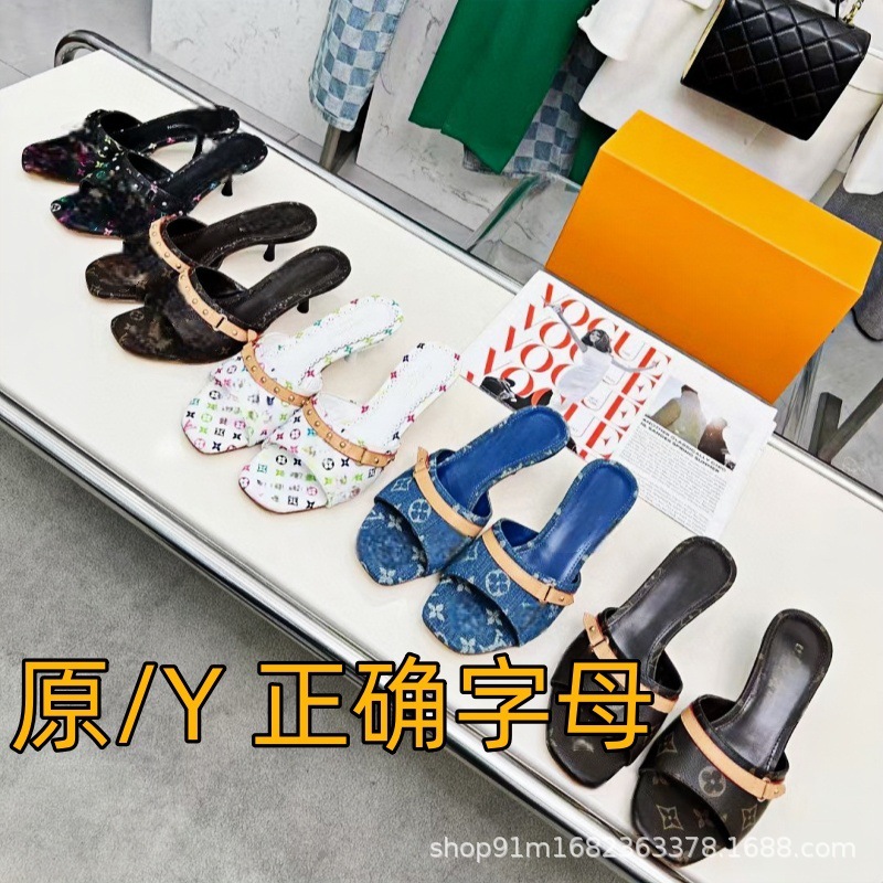 European and American 2025 Spring and Summer New Denim High-Heeled One-Line Open-Toe Sandals for Women Printed Stiletto High-Heeled Women's Shoes