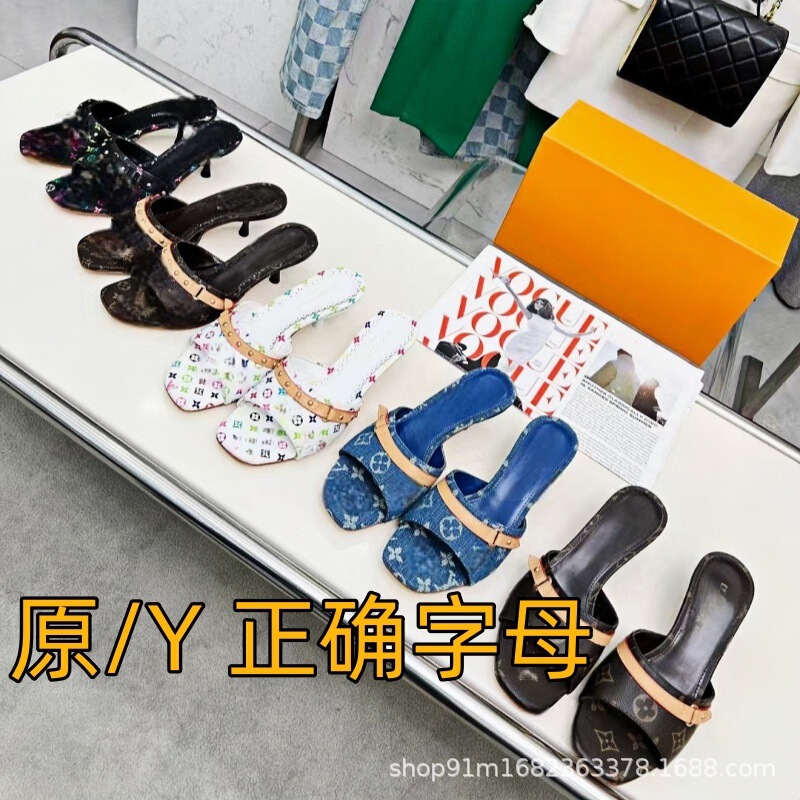 European and American 2025 Spring and Summer New Denim High-Heeled One-Line Open-Toe Sandals for Women Printed Stiletto High-Heeled Women's Shoes
