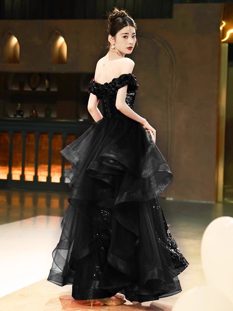 Đầm dạ hội lệch vai đen đính sequin ôm body dáng dài — Màu đen (lưới không thể tháo rời), Màu đỏ rượu vang (lưới không thể tháo rời) chi tiết 6