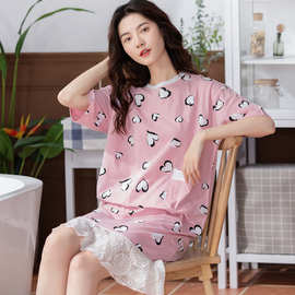 可爱睡裙女士夏季短袖纯棉卡通睡衣加肥大码薄款休闲家居服连衣裙