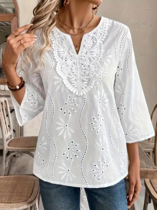 Women's Plain Eyelet Embroidery Notched Blouse Elegant 3 4