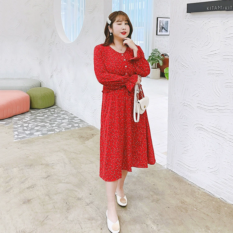 Осень Новый плюс Размер женщин 200кг пухлые девушки свежие цветочные кружева рукав Принцессы Платье 010030