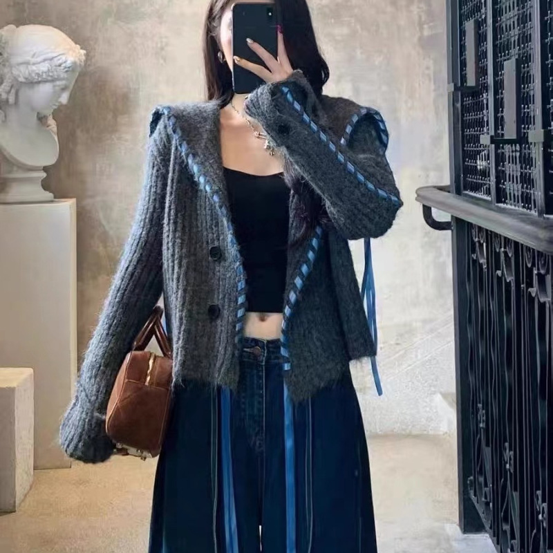 设计感飘带大翻领毛衣外套女秋季2025新款少女感显瘦灰色针织开衫|undefined