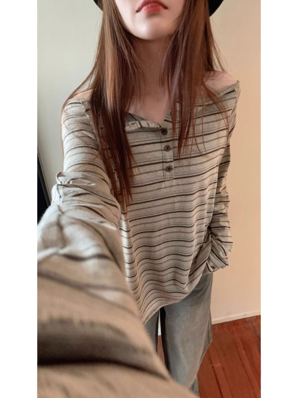 美式辣妹一字肩宽松条纹长袖T恤女2025春秋季新款打底衫露肩上衣|undefined