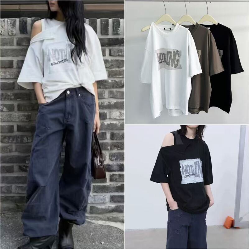 Korean Celebrity Style Casual American-Style Irregular Patchwork Printed Shoulder Slit Asymmetrical Off-Shoulder Short-Sleeve T-Shirt Korean Celebrity Style Casual American-Style Irregular Patchwork Printed Shoulder Slit Asymmetrical Off-Shoulder Short-Sleeve T-Shirt