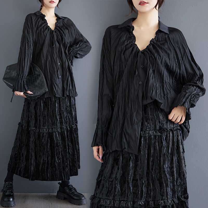 Real Shot 2024 Autumn New Loose Dark Craft Full Pleated V-neck Drawstring Horn Sleeve Personalized Shirt Top