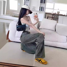 军绿色复古工装裤女粗腿大码秋季2024新款高腰美式阔腿牛仔裤子女