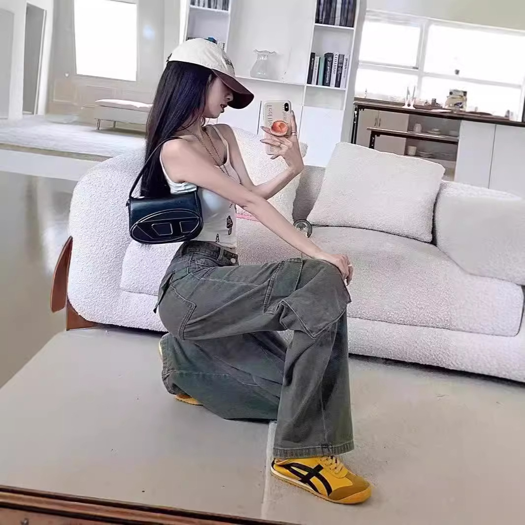 军绿色复古工装裤女粗腿大码秋季2024新款高腰美式阔腿牛仔裤子女