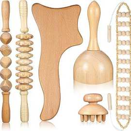 榉木按摩器 擀筋棒刮痧板 瑞典木疗按摩杯蘑菇头部按摩器按摩套装
