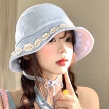 棉麻花朵绑带渔夫帽女春夏季薄款透气日系显脸小盆帽防晒遮阳帽子