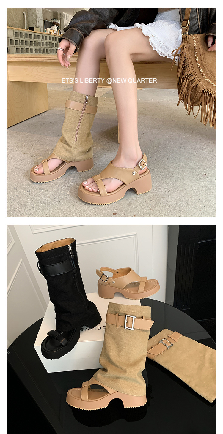 Sandal cao gót hở mũi nữ đế dày gót vuông, quai thắt lưng da bò — Màu đen chi tiết 7