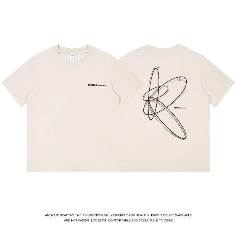 全国トレンド幾何学模様プリント Tシャツメンズ夏 ootd 白半袖コットンラウンドネックトップ女性 ins トレンド卸売|undefined