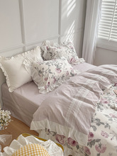 法式復古碎花床上四件套棉全棉公主風荷葉邊被套床單三件套床品