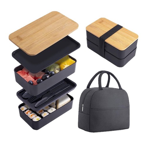 Small Wheat Straw Dual-Layer Bamboo Cover Rice Bowl Plastic Sushi Bento Box Lunch Box Office Workers Can Be Put In Microwave