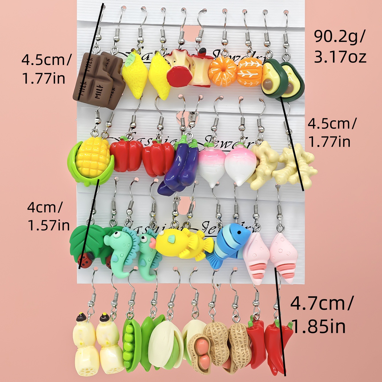 Aretes de resina de frutas y comida, 10 piezas