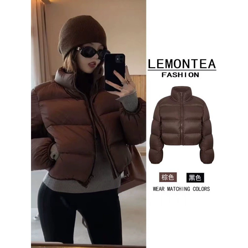 Женская хлопковая куртка-пуховик Kendall на осень 2025 года, короткая, в европейском стиле, кофейного цвета, с свободным воротником-стойкой, утолщенная, с высокой талией, модная.