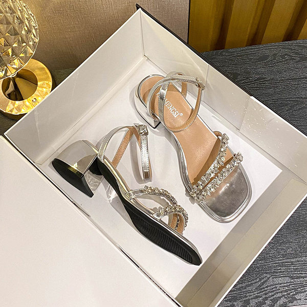 Sandal nữ gót thô 5 cm hở mũi đính đá kiểu Pháp — Màu bạc, Màu mơ, Màu đen