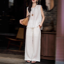 莹莹自留い笑涵阁 素净雅致亚麻套装 简约透气上衣/短裤/长裤女