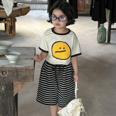 2024女童個性時尚短袖134笑臉T恤女寶寶搞怪卡通印花撞色半袖打底
