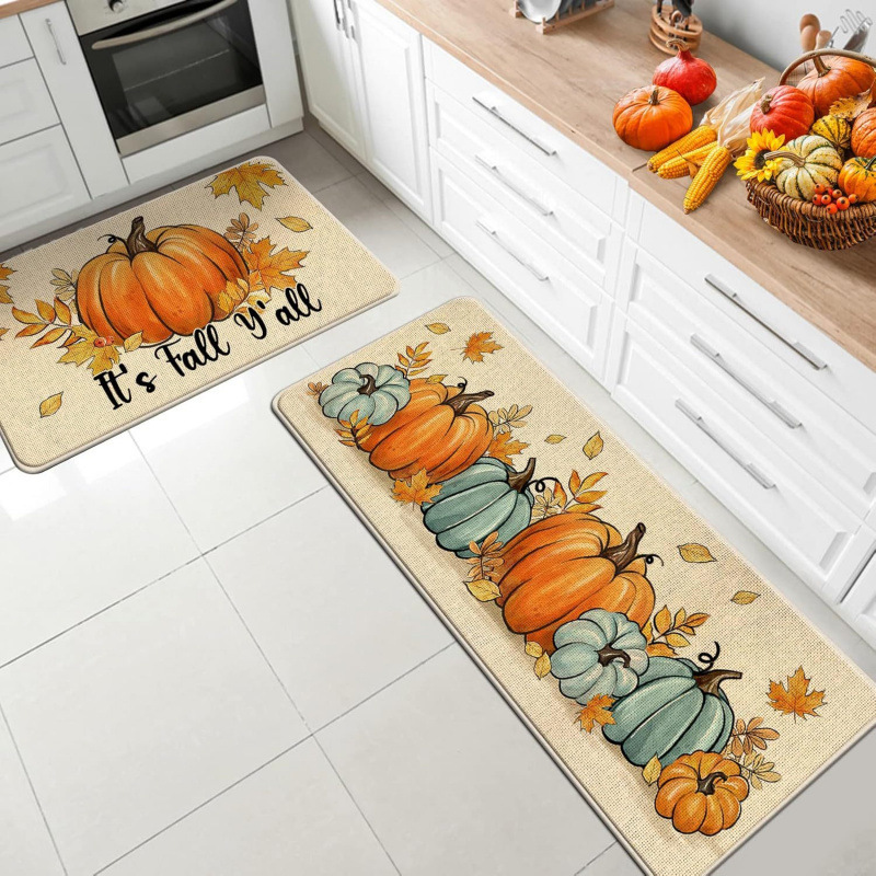 Cross-Border Temu Hot-Selling Pumpkin Kitchen Mat Two-Piece Set, Water-Absorbing and Oil-Absorbing Floor Mats, Autumn Dirt-Resistant Kitchen Floor Mats Wholesale