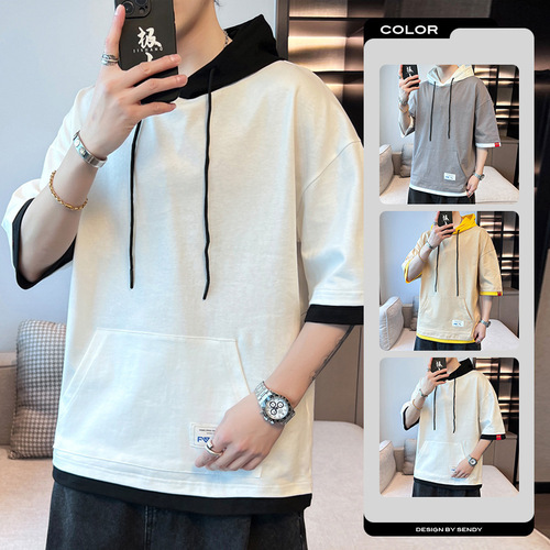 K summer new men's short-sleeve T-shirt, fashion brand hooded, half-sleeve ins, fashionable all-matching half-sleeve summer pure cotton T-shirt