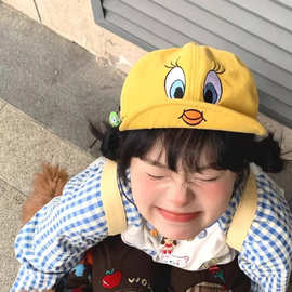 韩国崔弟翠儿翻檐鸭舌帽子可爱小黄鸭刺绣棒球帽女显脸小大头围潮