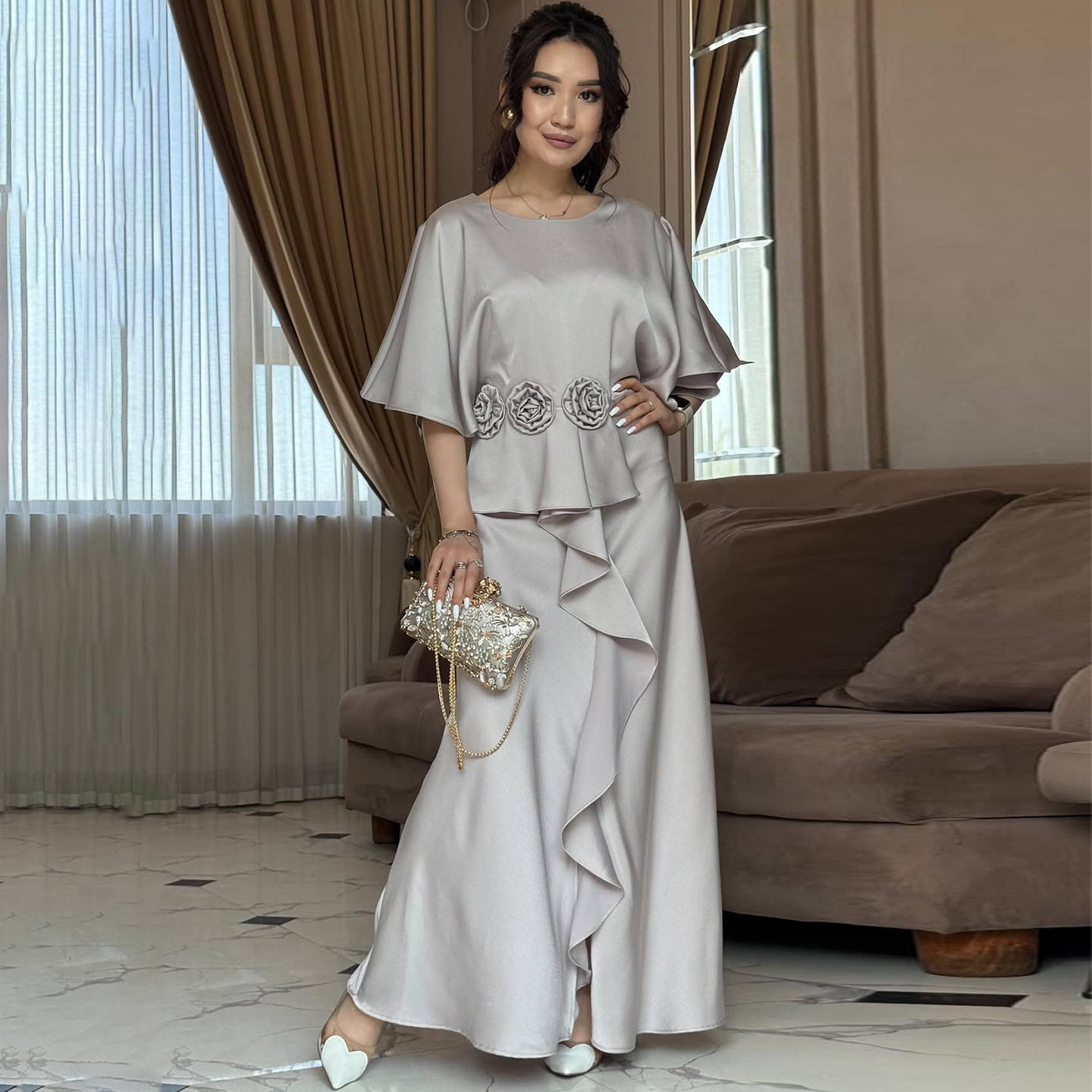 2025欧美跨境女装秋季新款银灰色蝙蝠袖立体花朵开叉长裙宴会套装