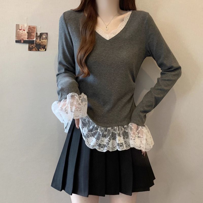 大きいサイズ V ネックレース裾長袖 Tシャツ女性のための春と秋の新しいファットミリリットウエスト痩身ベルスリーブトップ女性のための|undefined