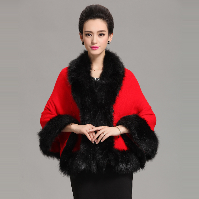201# European and American Autumn and Winter New Faux Fox Fur Shawl Cape Large Size Women's Knitted Cardigan Jacket