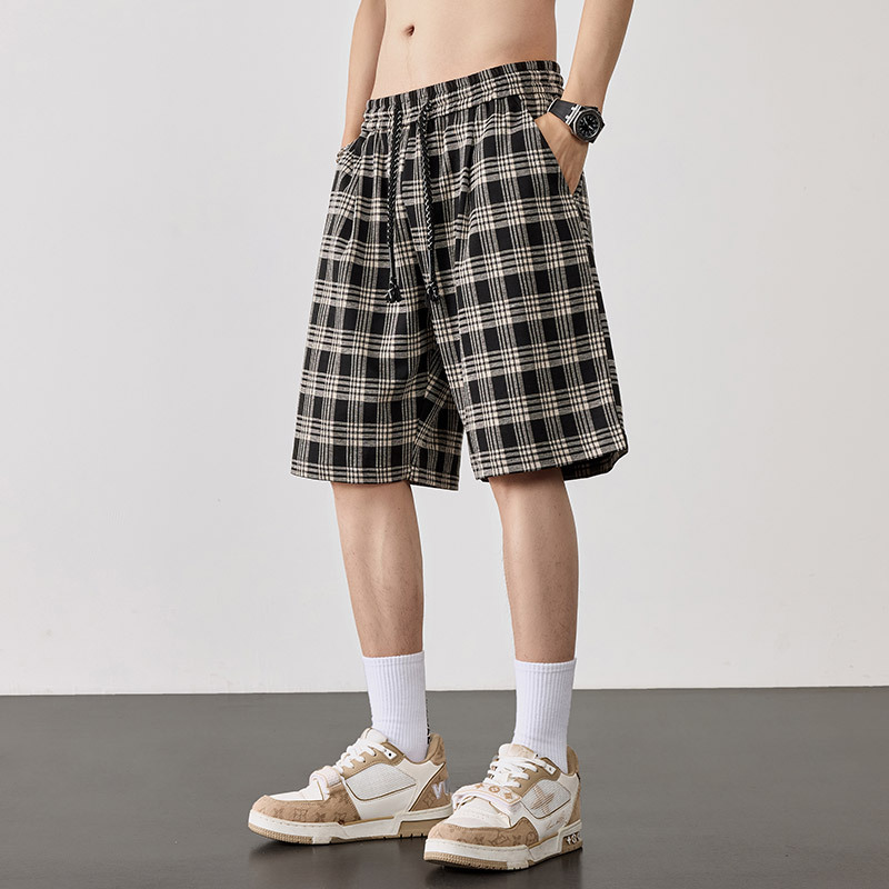 Pantalones cortos a cuadros de gran tamaño para hombres, estilo fino de verano, transpirable y suelto, estilo de Hong Kong, pantalones de cinco puntos más gordos para hombres
