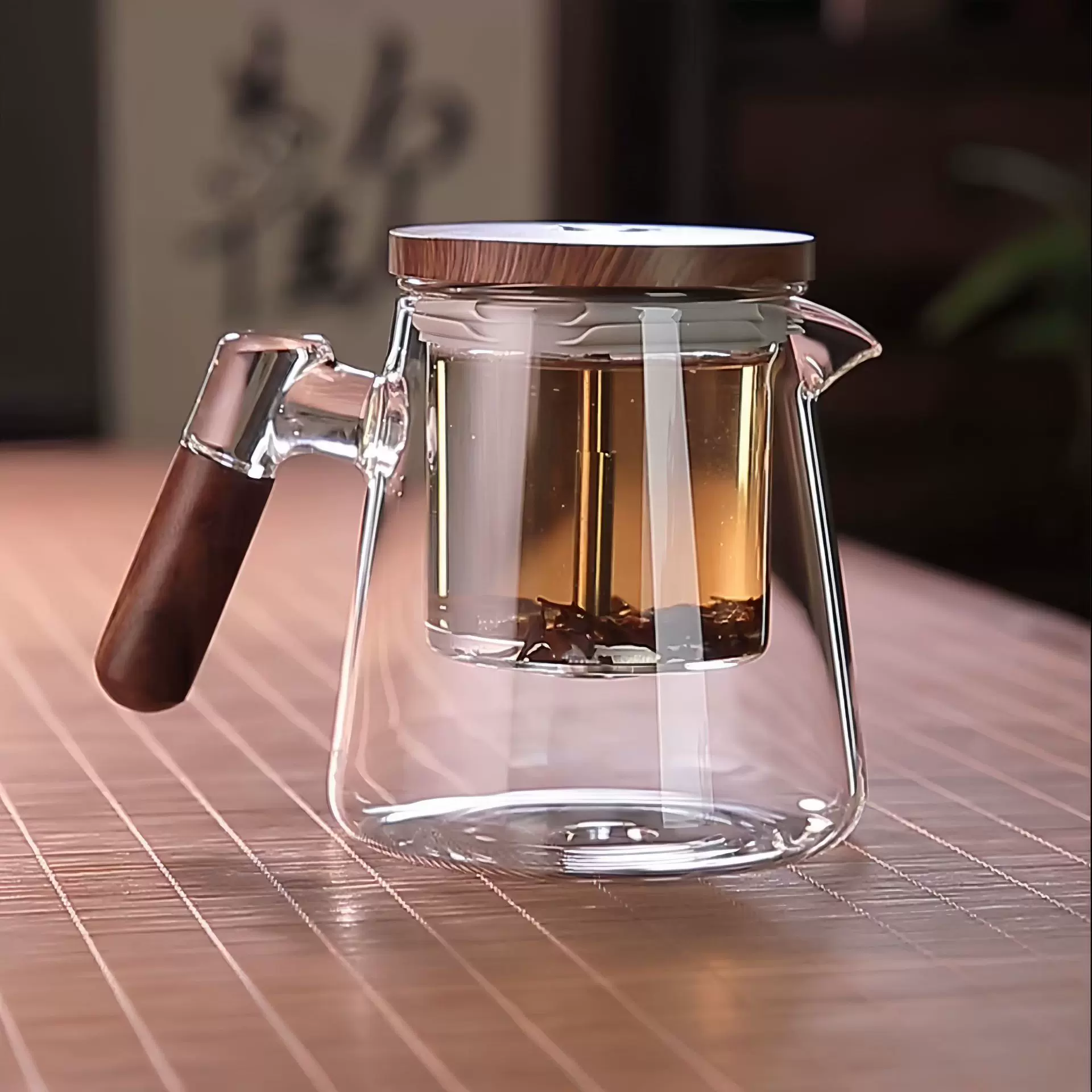 一键过滤茶壶侧胡桃木把透明花茶壶高硼硅玻璃家用茶水分离器茶壶