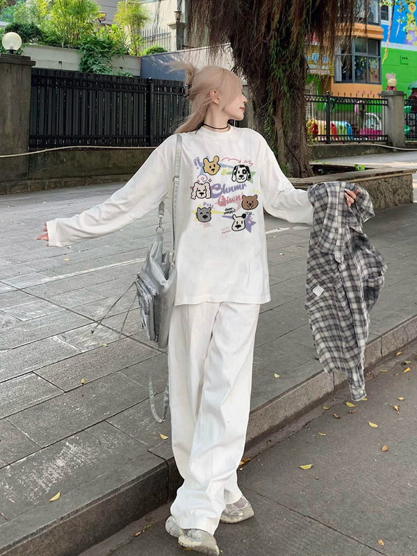 胖mm纯棉白色大码长袖t恤女2025新款秋冬美式宽松内搭打底衫上衣|undefined