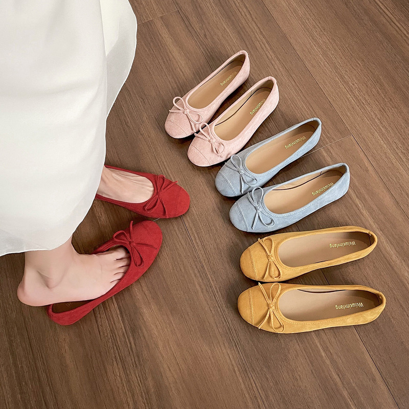 Sheepskin Version of Super Soft French-Style Flat Shoes for Women, Bow-Knot Ballet Flats, Shallow-Cut Soft-Soled Slip-On Shoes
