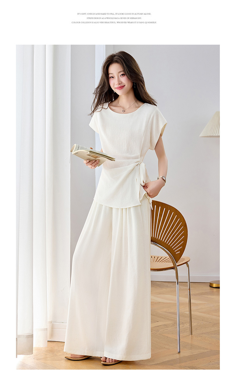 Bộ áo thun cổ tròn nơ buộc kết hợp quần ống rộng nữ 2 món — xanh lam, màu kaki, màu trắng ngà chi tiết 15