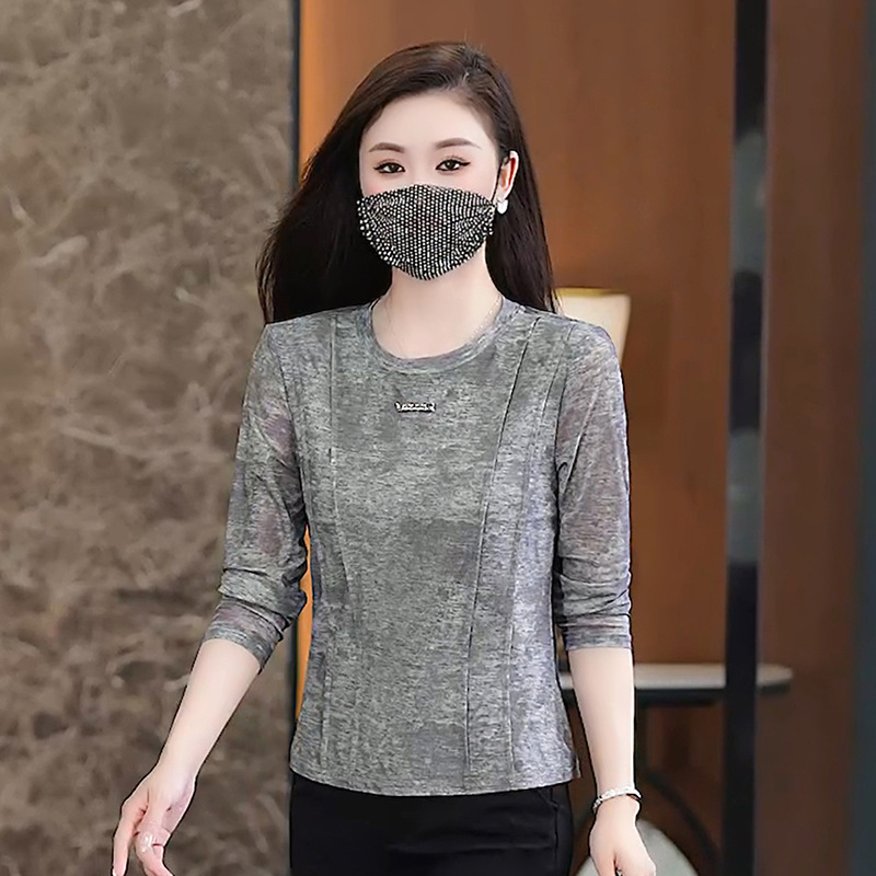 2025早秋新款时尚修身显瘦长袖T恤女灰色圆领简约打底衫薄款上衣|undefined