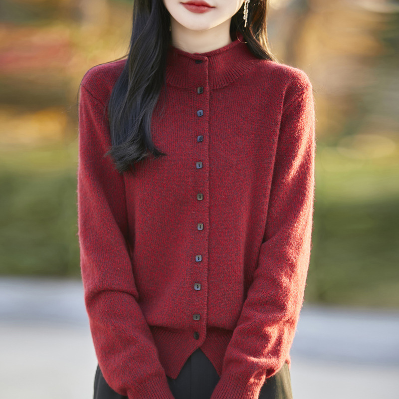 秋冬新款亲肤绒立领纯色花纱针织开衫外套加厚软糯毛衣女时尚外搭|undefined