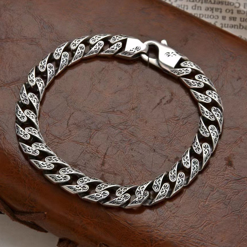 Cross-border rattan pattern bracelet S925 sterling silver personality punk men's trendy Cuban chain pattern vintage silver bracelet