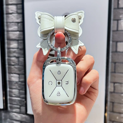 Car key bag T1 key cases, BAIC ARCFOX Arcfox - extreme-fox-model-asmart-4-button-single-shell-white-white-bowknot-rhinestone-buckle-silver-number-plate