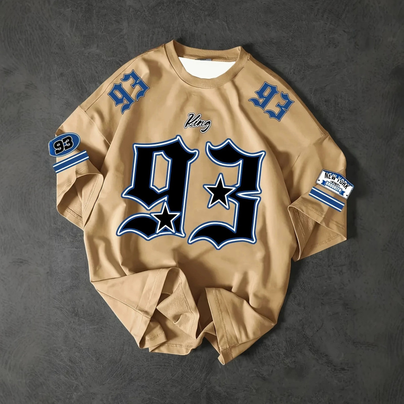 American Retro Style 93 Number Printed Short-Sleeved T-Shirt for Men, Street Fashion Brand, Khaki Loose Baseball Uniform American Retro Style 93 Number Printed Short-Sleeved T-Shirt for Men, Street Fashion Brand, Khaki Loose Baseball Uniform