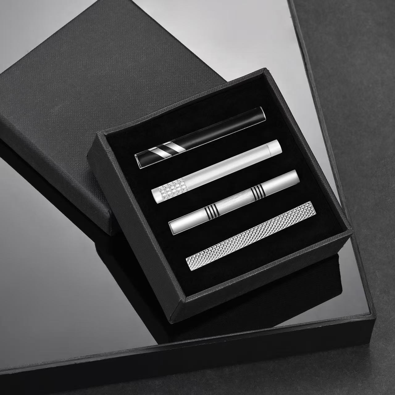 Men's Classic Business Tie Clip Set Creative Silver Fashion Tie Clip Black Gift Box Ready in Stock