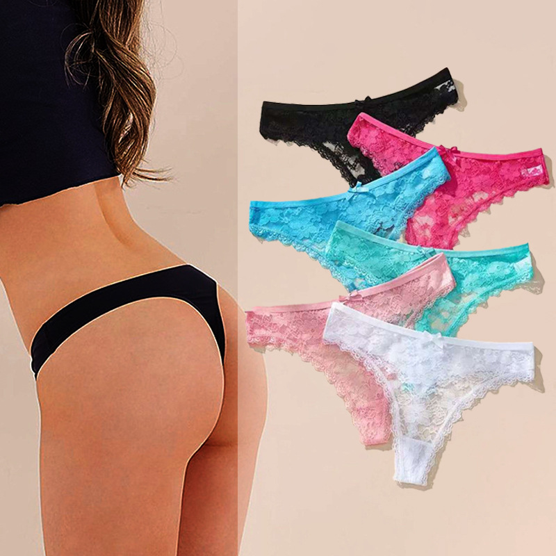 European and American sexy lace thong women's solid color hollow sexy underwear low waist T pants women's seamless transparent underwear